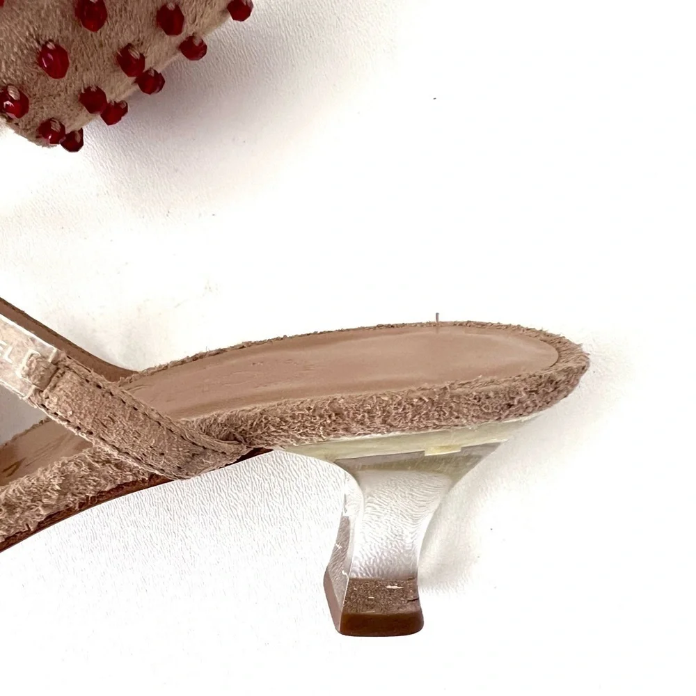 CHANEL | Vintage Y2K Tan Suede Red Embellished Mule Lucite Kitten Heel Sandal